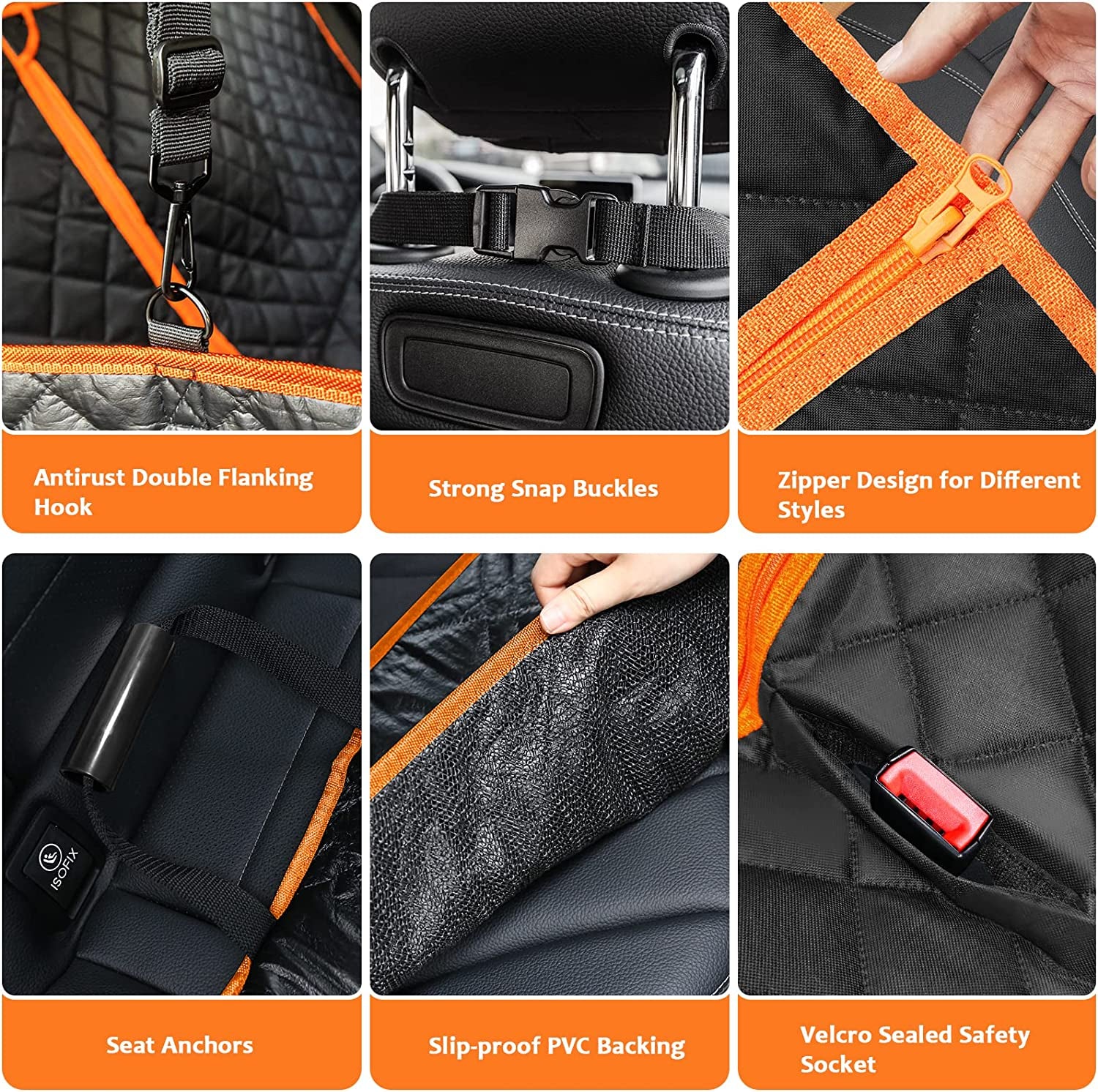 6-In-1 Dog Car Seat Cover for Back Seat, 60/40 Split, Waterproof Dog Car Hammock with Mesh Window, Non-Slip Pet Backseat Protector for Cars, Trucks and Suvs