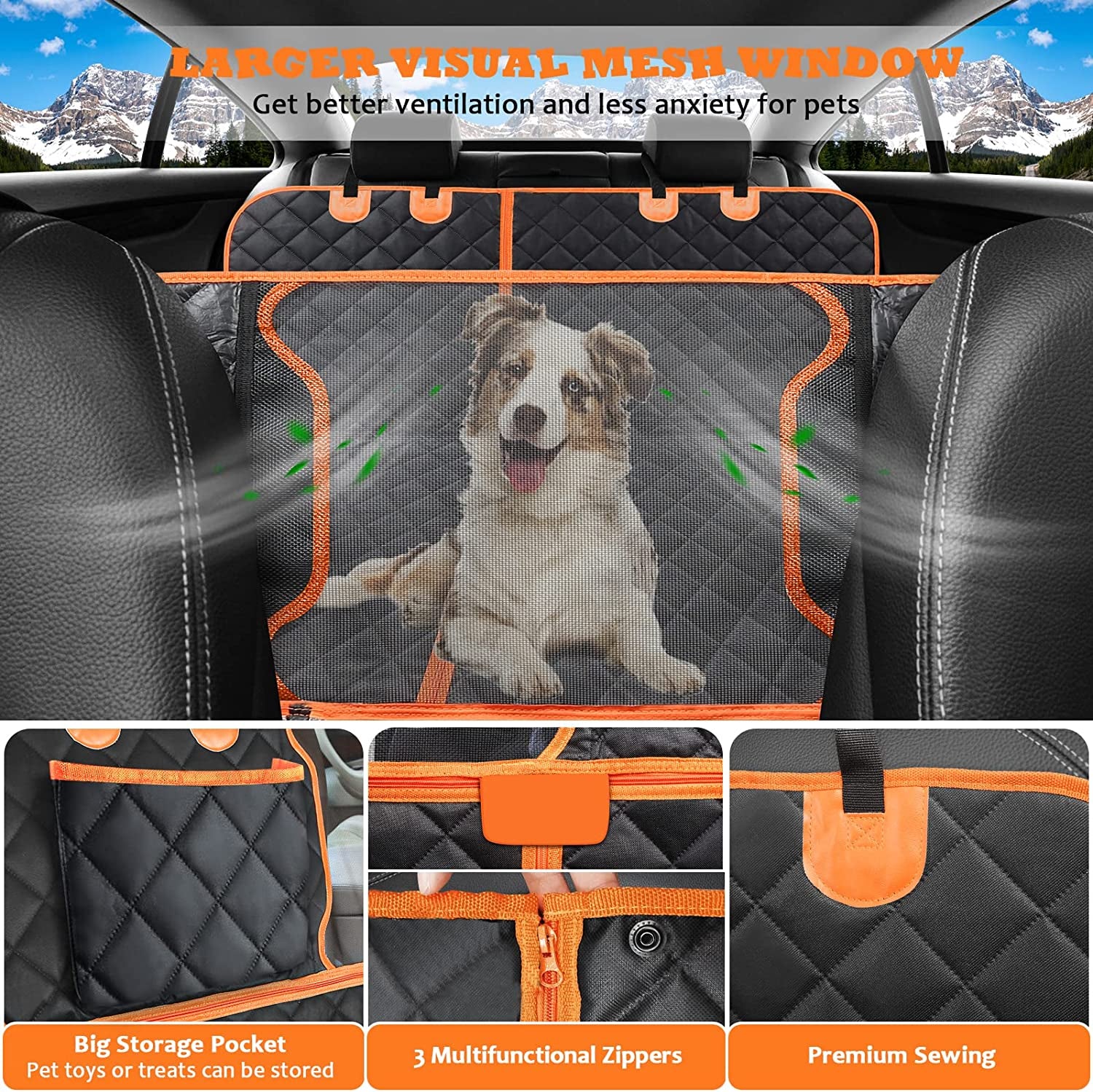 6-In-1 Dog Car Seat Cover for Back Seat, 60/40 Split, Waterproof Dog Car Hammock with Mesh Window, Non-Slip Pet Backseat Protector for Cars, Trucks and Suvs