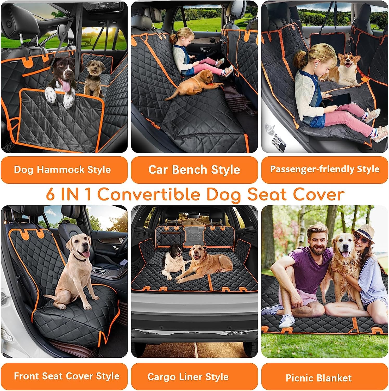 6-In-1 Dog Car Seat Cover for Back Seat, 60/40 Split, Waterproof Dog Car Hammock with Mesh Window, Non-Slip Pet Backseat Protector for Cars, Trucks and Suvs