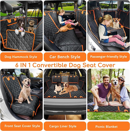 6-In-1 Dog Car Seat Cover for Back Seat, 60/40 Split, Waterproof Dog Car Hammock with Mesh Window, Non-Slip Pet Backseat Protector for Cars, Trucks and Suvs