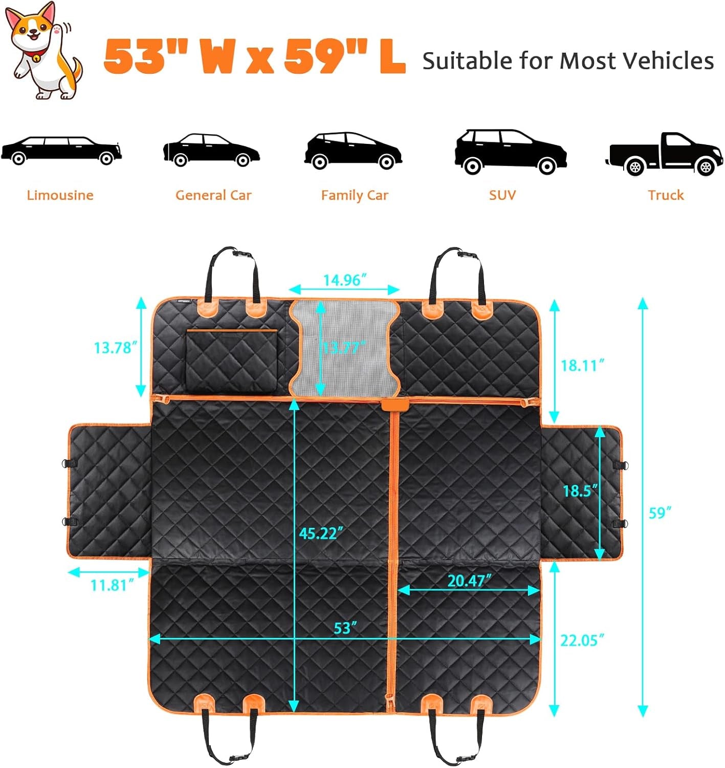 6-In-1 Dog Car Seat Cover for Back Seat, 60/40 Split, Waterproof Dog Car Hammock with Mesh Window, Non-Slip Pet Backseat Protector for Cars, Trucks and Suvs